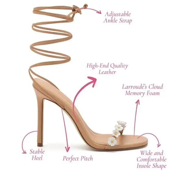 Larroude Goldie Sandals high heels shoes Tan Leather lace up flowers Sz 8.5 - Picture 5 of 15